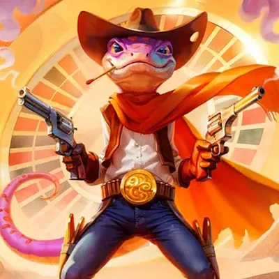 Mascotte Lizaro tenant deux revolvers devant une roulette de casino